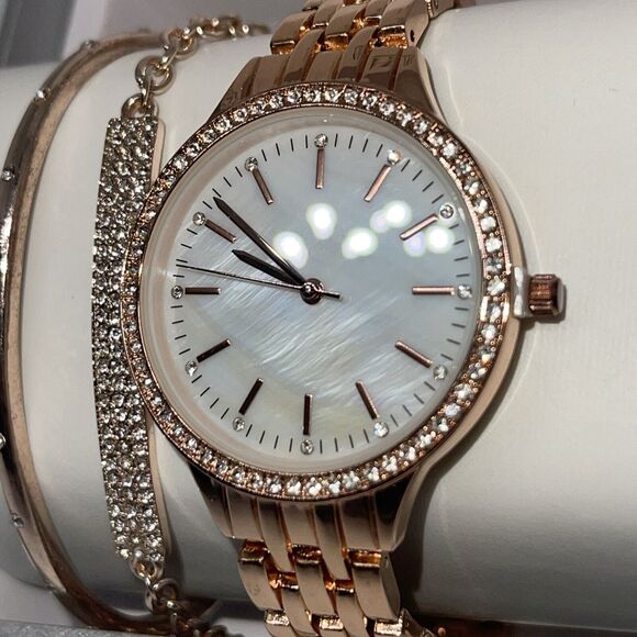 Gold Tone Crystal Watch Bracelet (3 Piece Set) Stunning Chic Intricate Style NEW - Picture 3 of 16